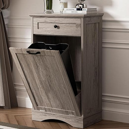 AHB 13 Gallons Tilt Out Trash Cabinet Hidden Trash Can Cabinet Freestanding Garbage Recycling Cabinet with Hideaway Drawer Pet Proof Trash Bin for Kitchen Living Room, Grey