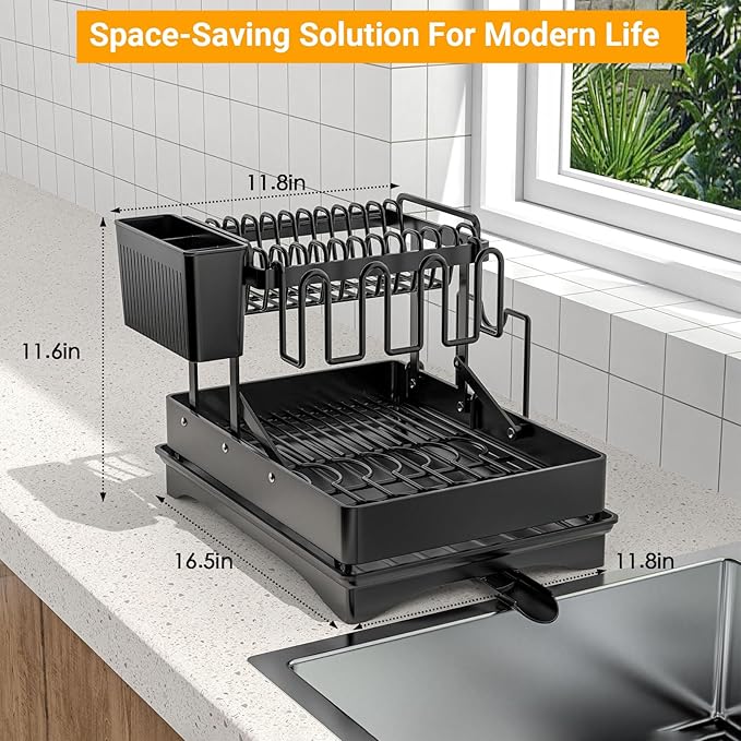 Expandable Dish Drying Rack, Rust-Proof Metal Dish Racks for Kitchen Counter with 360° Swivel Drain Spout, Space-Saving Dish Drainer with Utensil Holder for Small Apartment & Home Organization, Black
