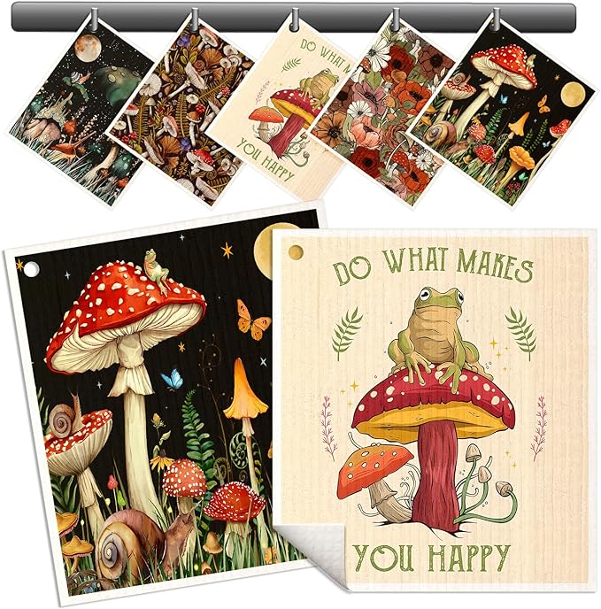 Miss Adola Swedish Dishcloths for Kitchen - 5 Pack Reusable Dish Cloths for Washing Dishes Absorbent Cute Funny Kitchen Towels Cleaning Sponge, Mushroom Frog