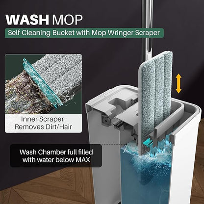 JOYMOOP Mop and Bucket Set for Household and Commercial Use, Dust Mops for Floor & Wall Cleaning, Long Handle, Wet and Dry Use - Includes 8 Microfiber Mop Pads