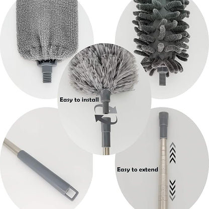5-in-1 Microfiber Duster with Extension Pole (30-100") Kit for High Ceiling, Fan, Cobweb, Blind & Furniture, Bendable Washable Heads, Reusable Dusters for Cleaning
