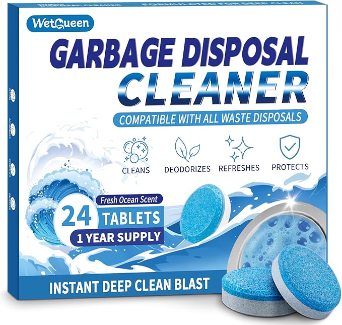 Garbage Disposal Cleaner and Deodorizer Tablets - 24 Pack (1 Year Supply), Powerful XL Foaming Odor Eliminator, Fresh Ocean Scent Sink & Garburator Freshener, Septic Safe Kitchen Drain Cleaning Care