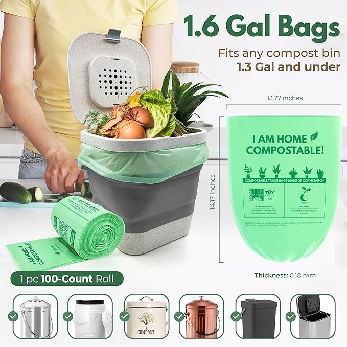 AIRNEX Small Compost Bags 1.6 Gal - 100 Compostable Kitchen Trash Bags for Countertop Bin - Cornstarch Leakproof & Tear-Resistant - OK Compost Home & Seedling Certified 0.18 mm Kitchen Garbage Bags
