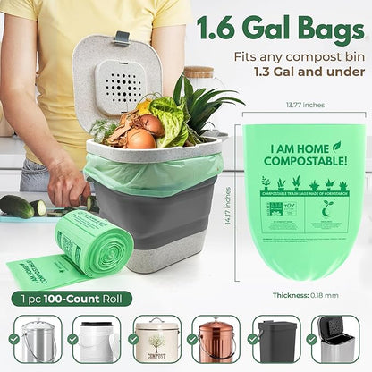 AIRNEX Small Compost Bags 1.6 Gal - 100 Compostable Kitchen Trash Bags for Countertop Bin - Cornstarch Leakproof & Tear-Resistant - OK Compost Home & Seedling Certified 0.18 mm Kitchen Garbage Bags