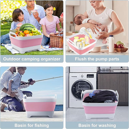 2.4 Gal(9L) Collapsible Dish Basin with Drain Plug, Space Saving Outdoor Multiuse Foldable Sink Tub, Dishpan, Kitchen Storage Tray for Camping, Vegetable Washing, RV (Pink)