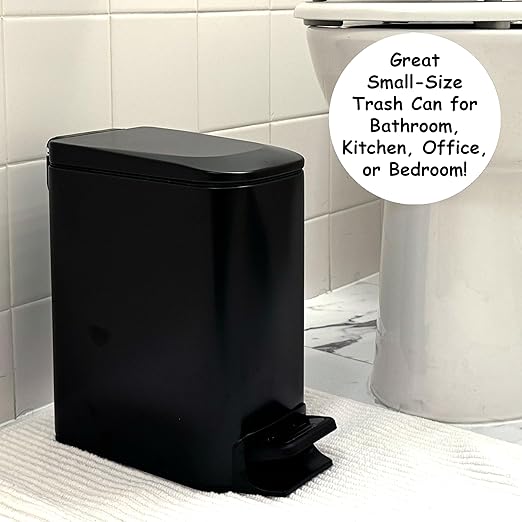 Homie Soft Close, Slim Trash Can 6 Liter / 1.6 Gallon with Anti - Bag Slip Liner and Lid, Use as Mini Garbage Basket, Slim Dust Bin, or Decor in Bathroom, Restroom, Kitchen, or Bedroom (Matte Black)