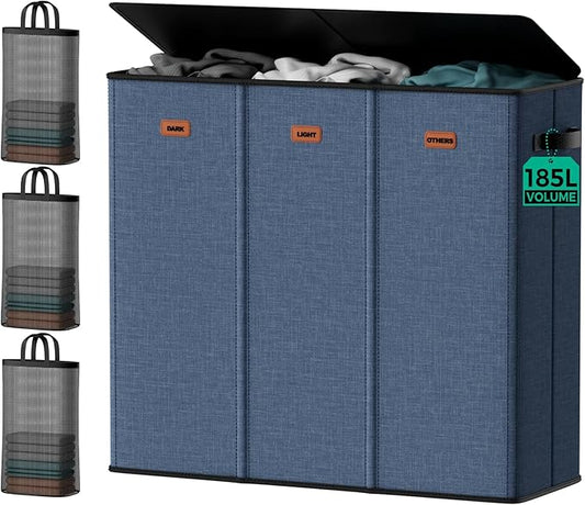 3 Bin Laundry Hamper 185L, Large Laundry Hamper with Lid, Dirty Clothes Hamper with 3 Detachable Washing Bags, Foldable Laundry Basket Organizer for Bedroom, Laundry Room