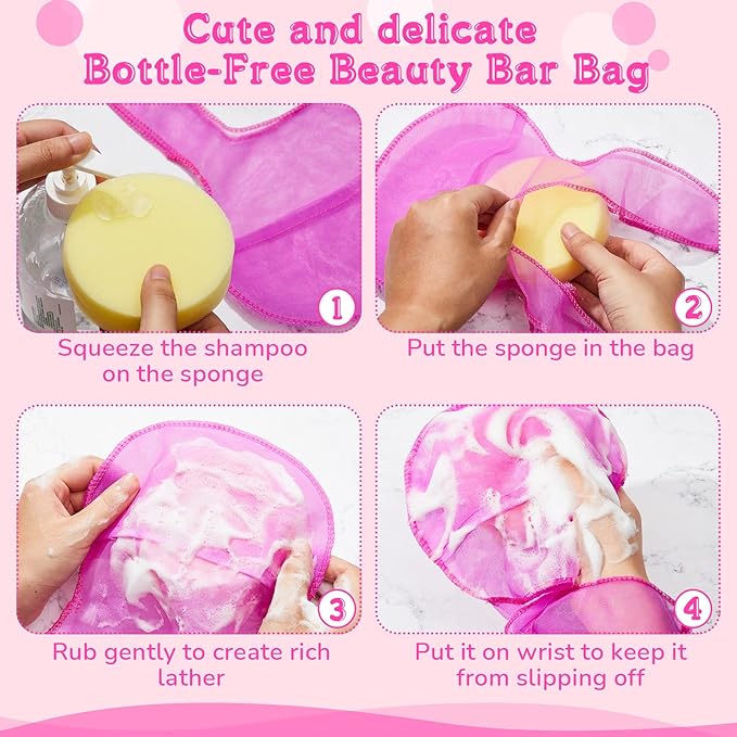 Nuanchu 2 Pcs Shampoo Bar Holder Bag Soap Saver Bag Beauty Shampoo Conditioner Bar Pouch Rabbit Shape Travel Soap Holder Loofah Bubble Foam Net Savers (Light Pink, Rose Pink,L)