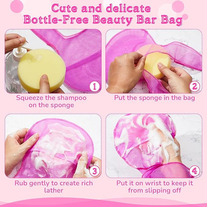 Nuanchu 2 Pcs Shampoo Bar Holder Bag Soap Saver Bag Beauty Shampoo Conditioner Bar Pouch Rabbit Shape Travel Soap Holder Loofah Bubble Foam Net Savers (Light Pink, Rose Pink,L)