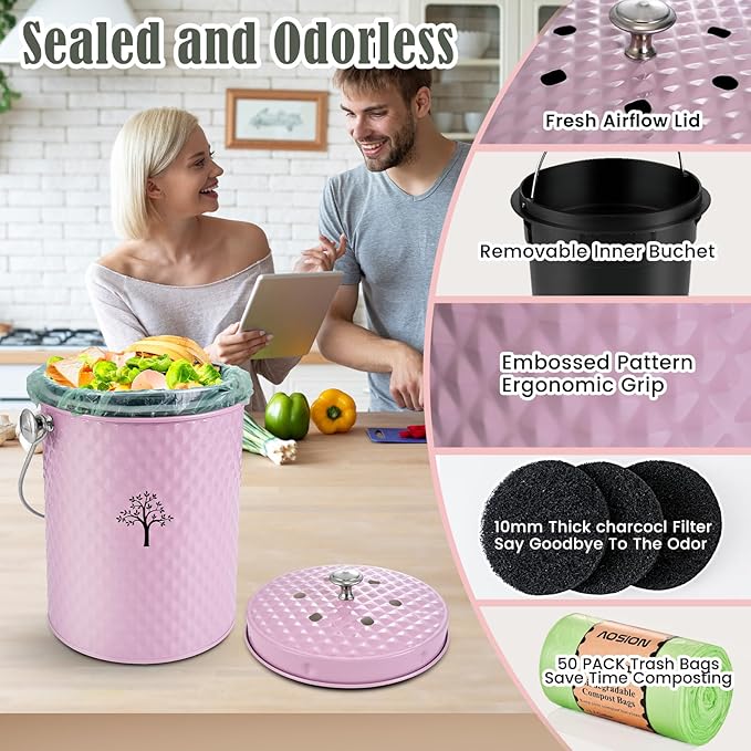 AOSION Countertop Compost Bin Kitchen，Odorless Indoor Compost Bin with Lid and 50 Pack Compost Bags,Compost Bucket Composter Container for Food Waste,Pink