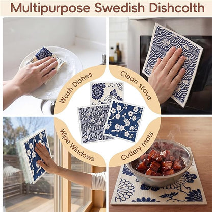 Tegeme 12 Pack Sweden Dishcloths 6 Patterns Super Absorbent Reusable Quick-Drying Washable Sponge Cloths for Kitchen Dishwashing Counters Household Cleaning Durable (Japanese Style)