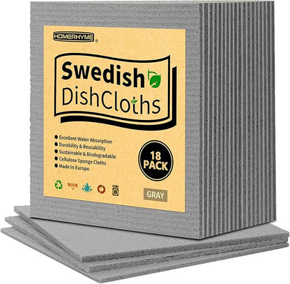 Swedish Dishcloths, 18 Pack Absorbent Dish Towels for Kitchen, Multipurpose Cellulose Sponge Cloths, Reusable Washable Towels for Home & Kitchen, Grey