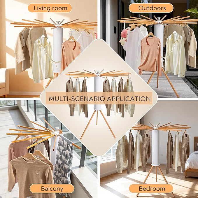 ZOFGENOW Clothes Drying Rack, Foldable Wooden Tripod Drying Rack Clothing for Small Apartments Balcony Bedroom, Portable Space Saving Laundry Rack, Floor Standing with 16 Poles for Indoor Air Drying