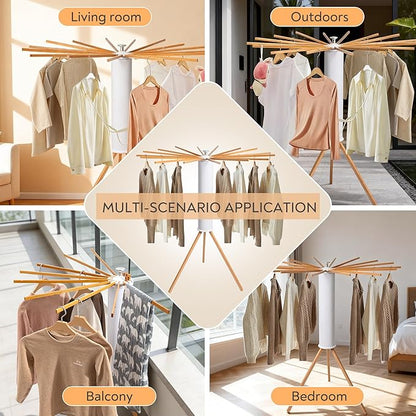 ZOFGENOW Clothes Drying Rack, Foldable Wooden Tripod Drying Rack Clothing for Small Apartments Balcony Bedroom, Portable Space Saving Laundry Rack, Floor Standing with 16 Poles for Indoor Air Drying