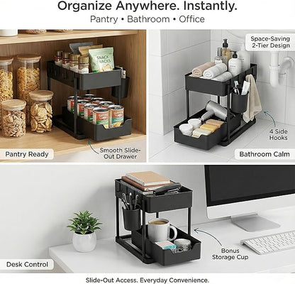 Under Sink Organizer – 2 Tier Sliding cabinet organizer with 4 Hooks & 1 Cup | Multi-Purpose Space Saving Shelf for under kitchen sink storage, Countertop, Bathroom, Pantry & Office Organization