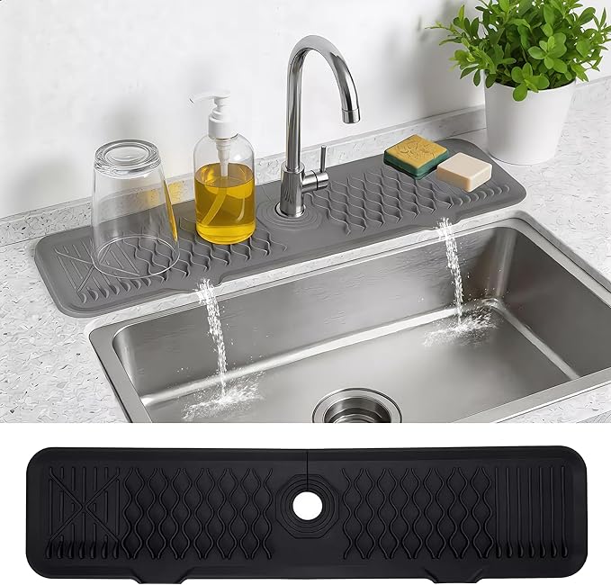 Silicone Faucet Mat for Kitchen Sink, Draining Mat Water Splash Guard for Kitchen & Bathroom (Black, 24"x5.6")