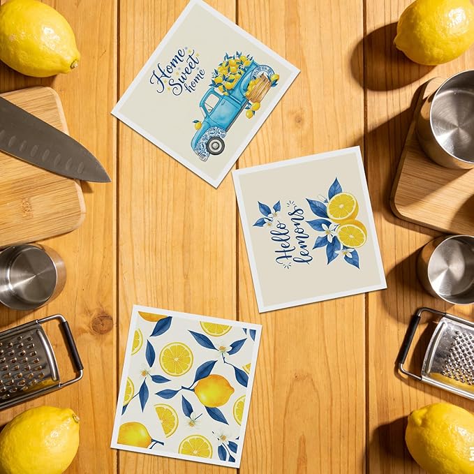 Lemons Swedish Dishcloths for Kitchen, 6 Pack Reusable Tiles Lemons Sponge Cleaning Cloths, Absorbent Dish Cloths Towels Wipes for Summer Kitchen Cooking Home Decoration Housewarming Gifts