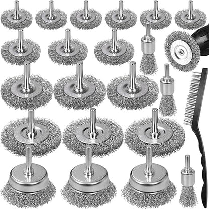 22-Pack Wire Brush for Drill, Carbon Steel Crimped Brushes – Spherical Wheel, Cup, Pen End & Hand Brushes Set, Fit 1/4 Inch Round Shank Power Drill Attachment for Rust, Paint, Abrasive Removal