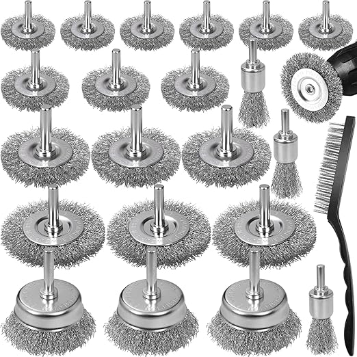 22-Pack Wire Brush for Drill, Carbon Steel Crimped Brushes – Spherical Wheel, Cup, Pen End & Hand Brushes Set, Fit 1/4 Inch Round Shank Power Drill Attachment for Rust, Paint, Abrasive Removal
