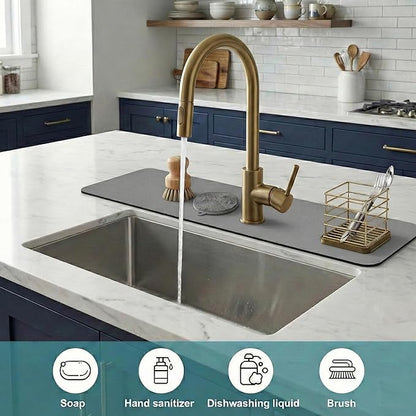 Customizable Kitchen Sink Faucet Mat: 24Lx5.5W Grey Bathroom Counter Protector Drip Catcher - Splash Guard with Pre-Cut Center Hole, DIY to Fit Irregular Sink with 2, 3 Holes & Soap Dispenser