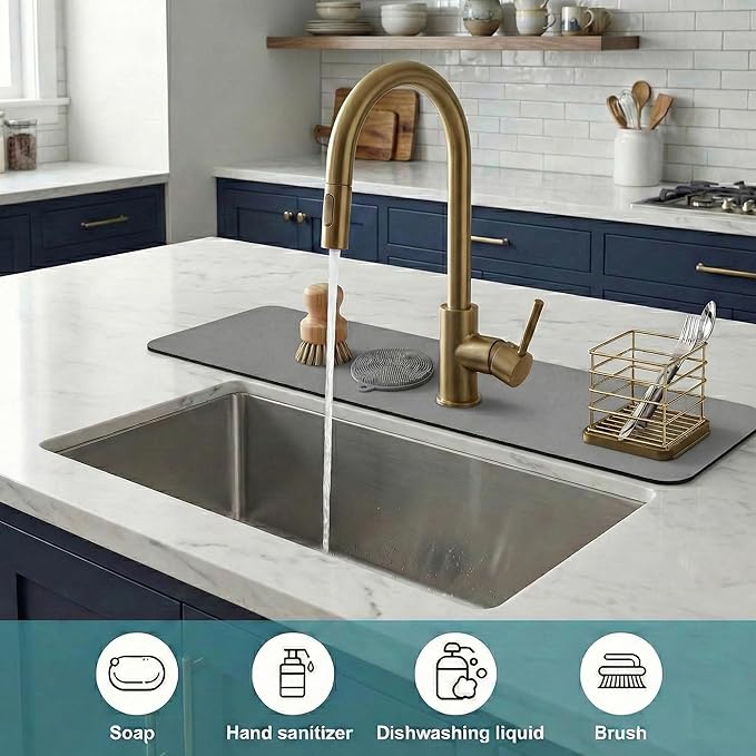 33" Lx5.5 W Long Kitchen Sink Faucet Mat: Customizable Grey Splash Guard with Pre-Cut Center Hole for Large Double Bowl Sink, DIY to Fit Irregular Sink 2, 3, 4 Holes with Soap Dispenser & Air Gap