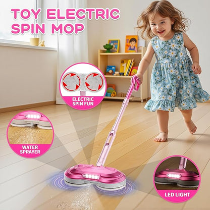 BLAXTEM Kids Electric Spray Spin Mop Toy, Rechargeable Cordless Electric Mop W/ Water Sprayer & LED Headlight for Children Girls & Boys, Cleaning Toy for Pretend Play (Pink)