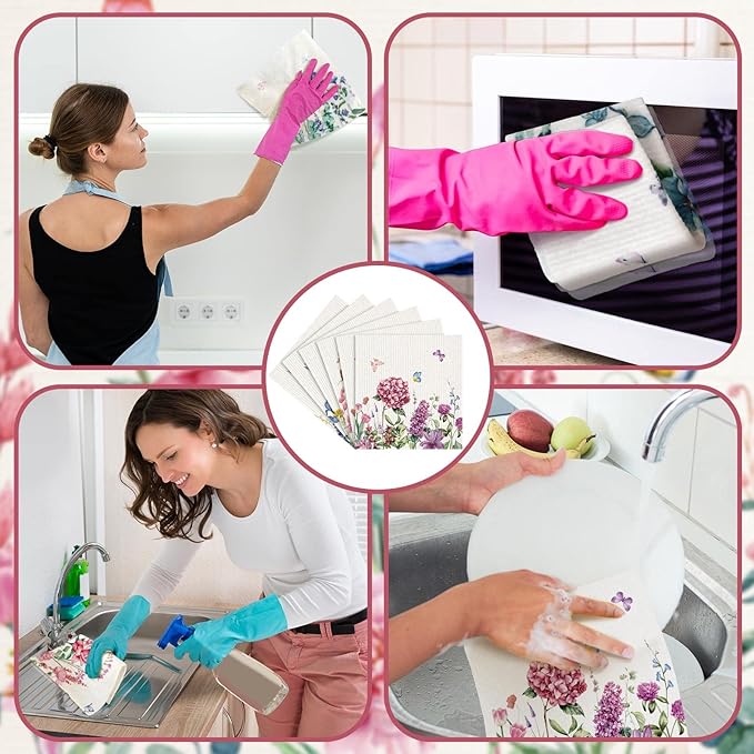 Sunnyray 12 Pcs Swedish Kitchen Dish Towels Dishcloth Reusable Sponge Cleaning Cloth Kitchen Towels Absorbent Washable Dish Cloth Drying Hand Towel(Multicolor, Wildflowers)