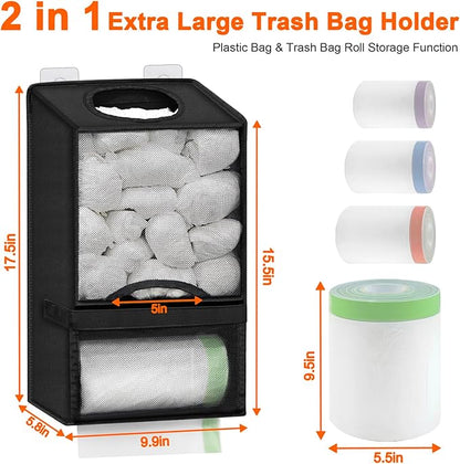 Plastic Bag Holder for Grocery Bags - Large Wall Mount Grocery Bag Holder with Dispenser for Kitchen, Oxford Cloth 2-in-1 Space-saving Plastic Bags Organizer, Black