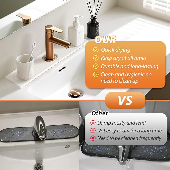 Kitchen Sink Faucet Mat, Diatomaceous Earth Quick Dry Sink Splashback Drying Mat, Kitchen Faucet Super Absorbent Mat, Quick-Drying Water Absorbing Stone Tray (White, 15.7" x 3.9")
