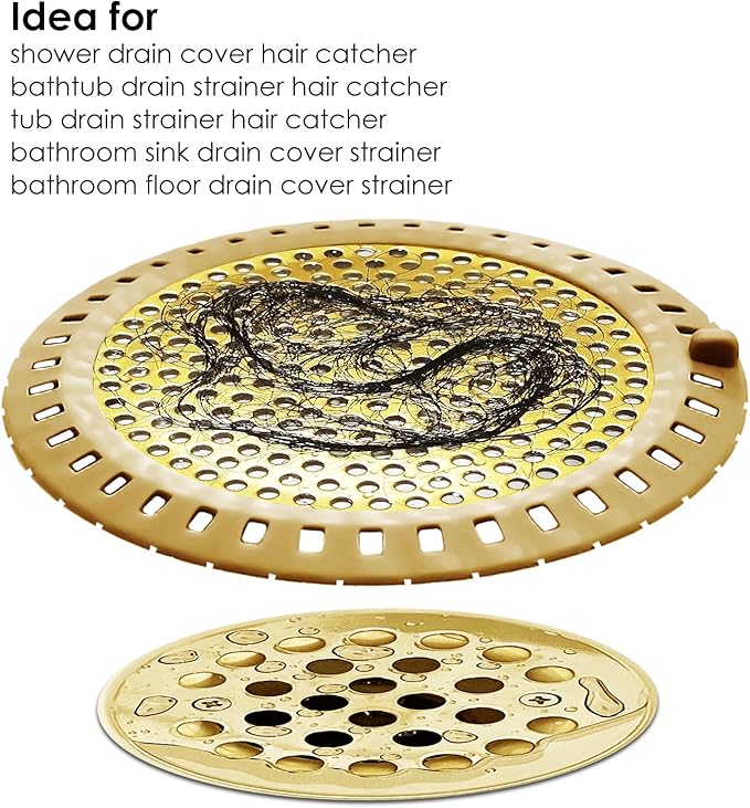 Seatery 2PCS Hair Catcher Shower Drain/Strainer/Cover/Filter/Trap, Bathtub Drain Cover Hair Catcher, Hair Stopper for Bathroom Sink/Floor Drain, Stainless Steel and Silicone Drain Strainer, Gold
