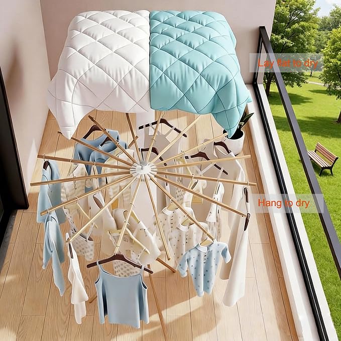 Clothes Drying Rack Tripod, Floor Standing Laundry Drying Rack, Portable & Foldable with 16 Wooden Poles Space-Saving Drying Rack for Laundry, Retractable Collapsible for Balcony Bedroom
