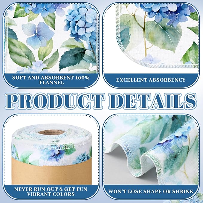 FuWeave 60 Pack Reusable Toilet Paper Washable Soft Bidet Towels Bulk Gifts Paperless Rolls Flannel Cotton 12'' x 4.3" Family Cloth Wipes Bathroom Napkins with Cardboard (Hydrangea)