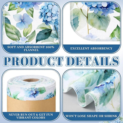 FuWeave 60 Pack Reusable Toilet Paper Washable Soft Bidet Towels Bulk Gifts Paperless Rolls Flannel Cotton 12'' x 4.3" Family Cloth Wipes Bathroom Napkins with Cardboard (Hydrangea)