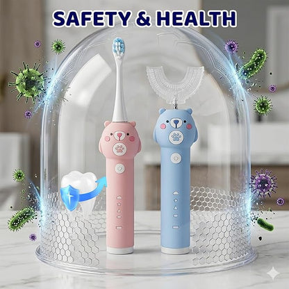 Kids Electric Toothbrush, with 4 Cleaning Modes, with 4 Brush Heads, Toddler U Shaped Toothbrush with 2 Soft Brush Head，Cartoon Bear 360-Degree Cleaning IPX7 Waterproof Design (Ages 2-16)