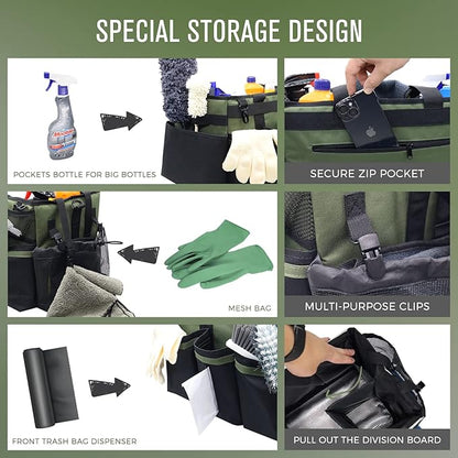 SCAVATA Wearable Cleaning Caddy Organizer with Handle & Shoulder Straps for Housekeepers, Under Sink & Car Cleaning Tool Organizer Bag with 4 Foldable Dividers (Green)
