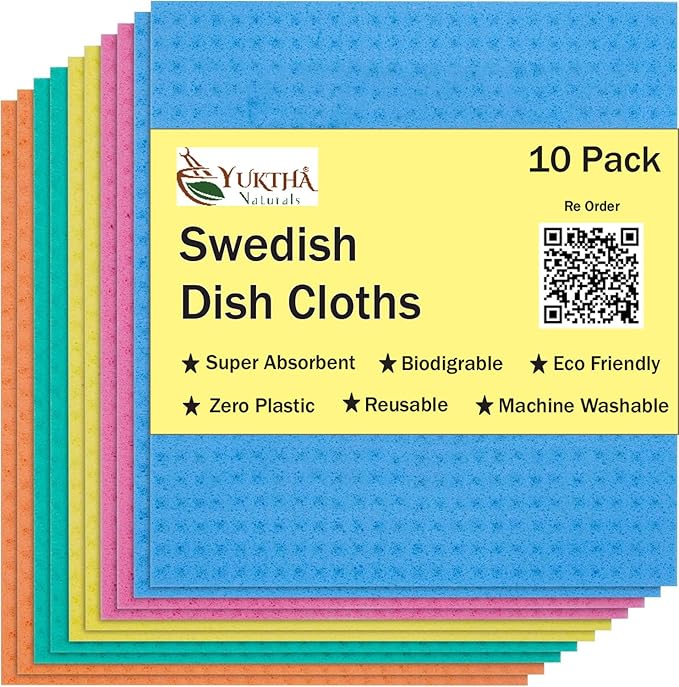 Swedish Dish Cloths - 10 Pack Reusable Kitchen Dishcloths - Ultra Absorbent Dish Towels for Washing Dishes - Cellulose Sponge Cloth Cleaning Rag (Assorted)