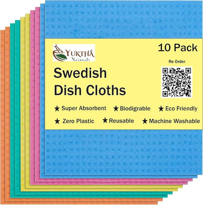 Swedish Dish Cloths - 10 Pack Reusable Kitchen Dishcloths - Ultra Absorbent Dish Towels for Washing Dishes - Cellulose Sponge Cloth Cleaning Rag (Assorted)