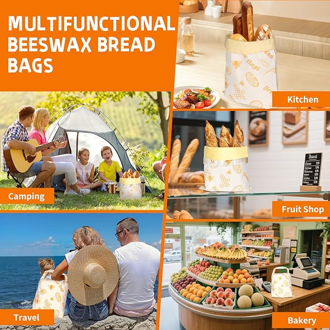 2-Pack Reusable Beeswax Bread Bags for Homemade Sourdough | XL 17x12 Inch Cotton Food Storage Bag Keeps Fresh Longer | Breathable Eco-Friendly Wrap for Boules & Loaves