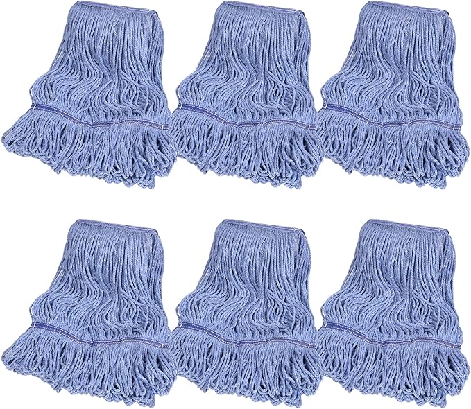 6 Pack Commercial Mop Head Replacement, Heavy Duty Mop Head Commercial Replacement for General and Floor Cleaning, Wet Industrial Blue Cotton Looped End String Head Refill (Blue)