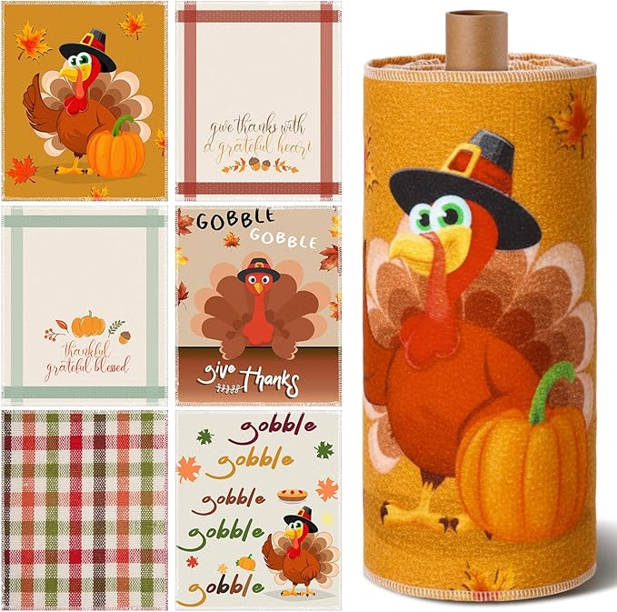 Mindsoft 36 Pcs Thanksgiving Reusable Paper Towels Rolls Washable Bulk Thanksgiving Pumpkin Turkey Kitchen Towels Paperless Reusable Cloth Cotton Napkins with Cardboard for Kitchen Bathroom