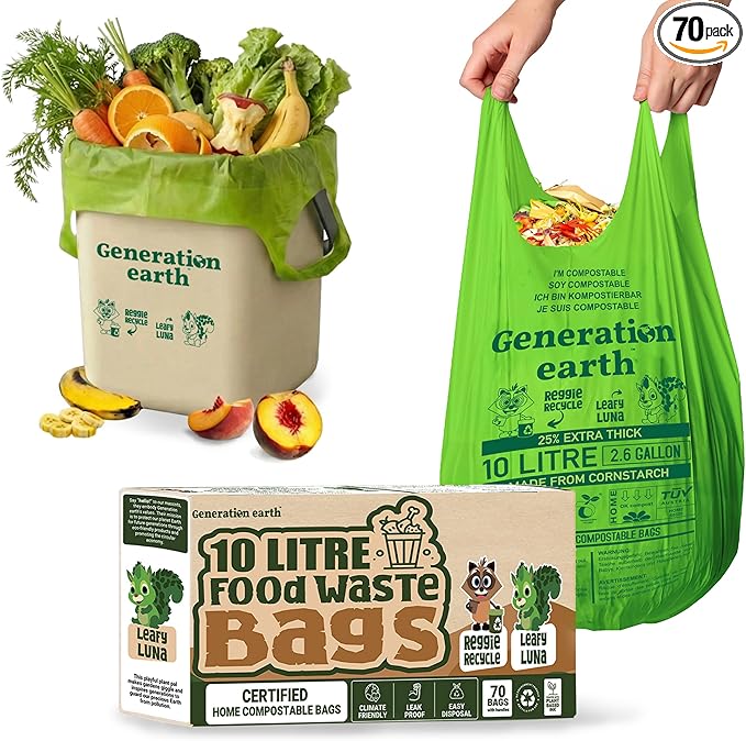 70 Bags 2.6 Gallon (10L) | Extra Strong Compostable Food Waste Bags | BPI Certified Corn Starch Bin Liners | Biodegradable Kitchen Countertop Compost Bags | Generation earth