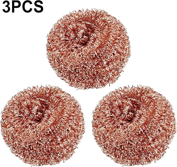 3 Pack Copper-Plated Wire Scourer Balls for Kitchen Cleaning, Metal Scrubbers for Pots, Pans, Grill, and Tough Stain Removal
