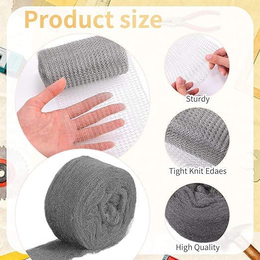 Steel Wool for Mice Control Mesh Rodent Control Kit 1 Pack Rustproof Mesh Roll and 0000 Steel Wool Mouse Hole Filler with Gloves, Scissors for House Garden Home Garage(5in X 19.7ft)