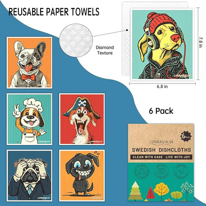 Swedish Dishcloths for Kitchen 6 Pack, Reusable Paper Towels Super Absorbent, Biodegradable Quick Drying Washable Dish Cloths Dishwasher Safe, Ideal Practical Housewarming and Hostess Gifts(Dog)