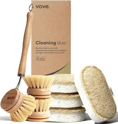 Vove Cleaning Duo, Bamboo Dish Brush Set and Natural Dish Sponges, FSC-Certified Bamboo, Sisal, Loofah, Cellulose, Plastic-Free, Eco-Friendly Zero-Waste Kitchen Dish Scrubber Set