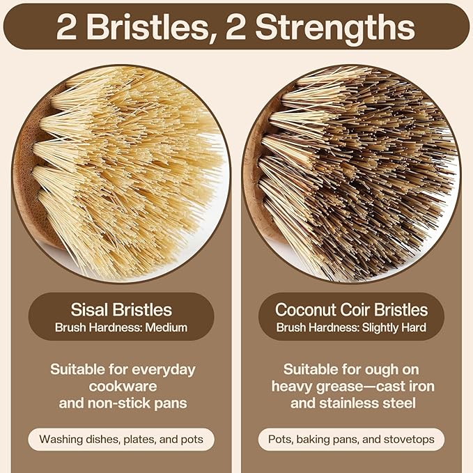 Wooden Dish Brush with Metal Stand Handheld Bamboo Wok Brush Scrubber for Dishes Pans Pots Fruit and Veggie Washing(2,Beige Brown)