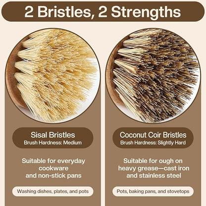 Wooden Dish Brush with Metal Stand Handheld Bamboo Wok Brush Scrubber for Dishes Pans Pots Fruit and Veggie Washing(2,Beige Brown)