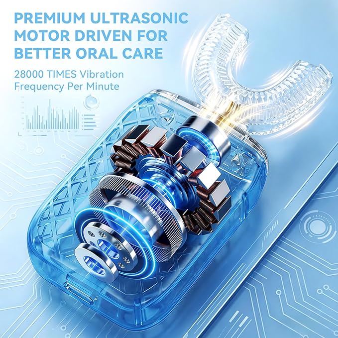 Sonic Electric U Shaped Toothbrush for Adults, Automatic Full Mouth Cleaning Toothbrush, 360° Stain Removal, IPX7 Waterproof Rechargeable, 3 U-Shape & 2 Straight Brush Heads (Blue)