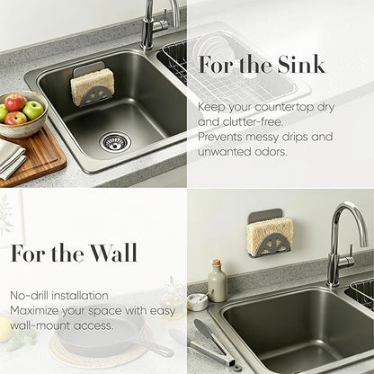 Flexible Sponge Holder for Kitchen Sink Adhesive - Bendable Silicone Sink Caddy 2 Pack, Metal Core Dish Scrubber Rack, Fold-Flat Organizer for Soap Brush Razor, Stone Wall Mount (Gray)