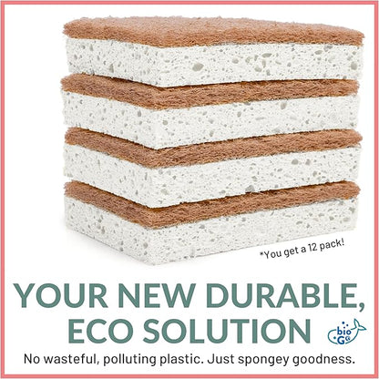 bioGo White 12 Pack Biodegradable Kitchen Sponge - Eco-Friendly, Compostable, Natural Cellulose Dish - Compostable - Biodegradable - Cellulose Sponges Kitchen